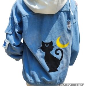 Cat Denim punk hoodie  jacket‎ L
